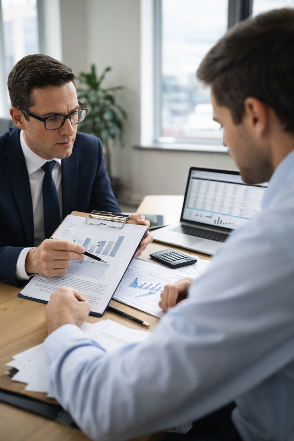 Tax documents, calculator app on smartphone, coffee cup, envelope, pen on dark surface
