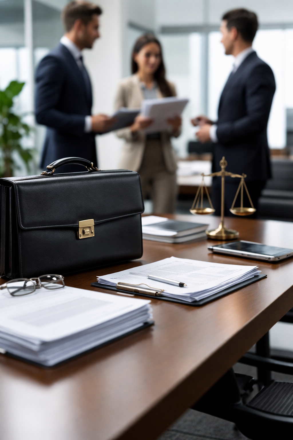 Corporate services workspace with business documents, briefcase, and professionals reviewing paperwork in a modern office.