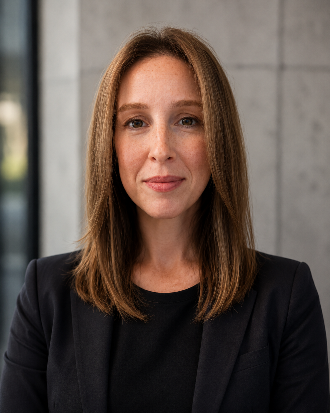 A woman with shoulder-length brown hair, wearing a black blazer, smiling gently against a neutral background.