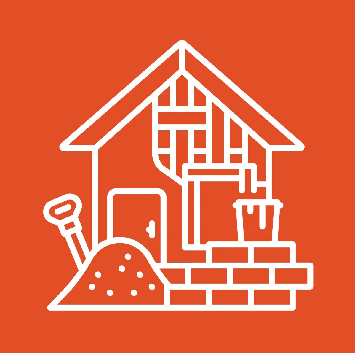 Minimalist illustration of a chair and a tall cabinet on an orange background.