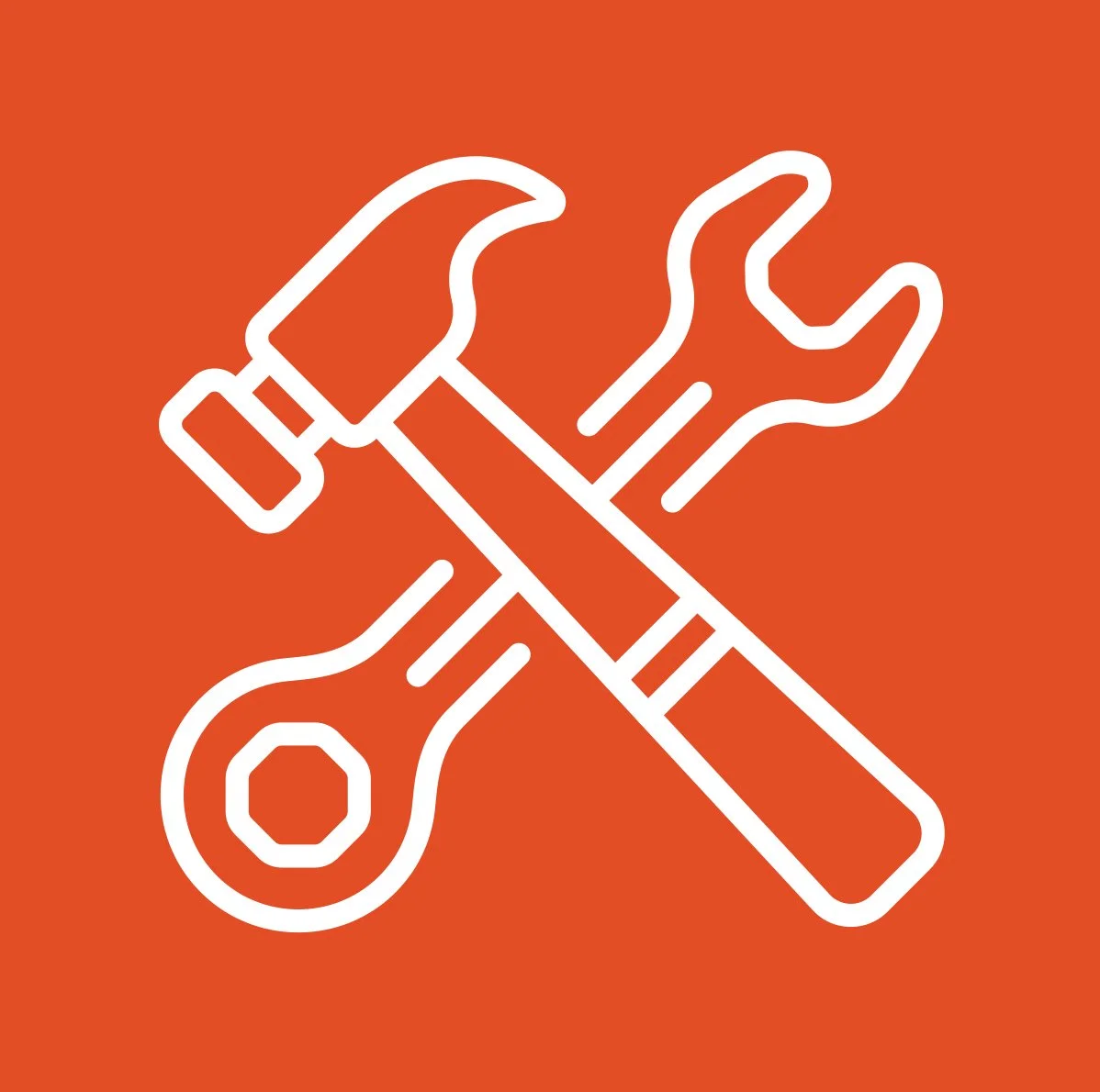 Icon of household appliances including a refrigerator, washing machine, and TV on an orange background.