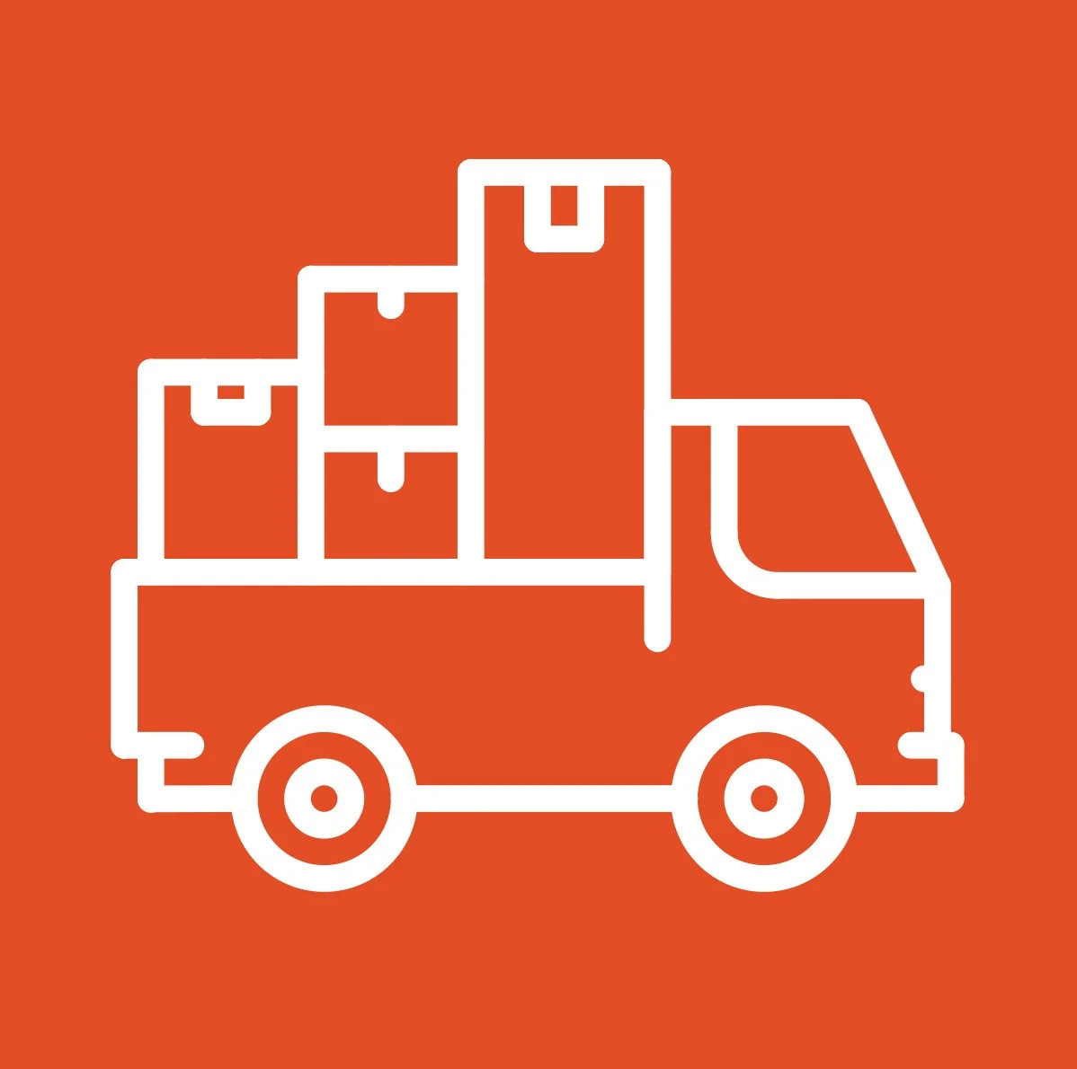 Icon of a delivery truck with boxes on its bed, set against an orange background.