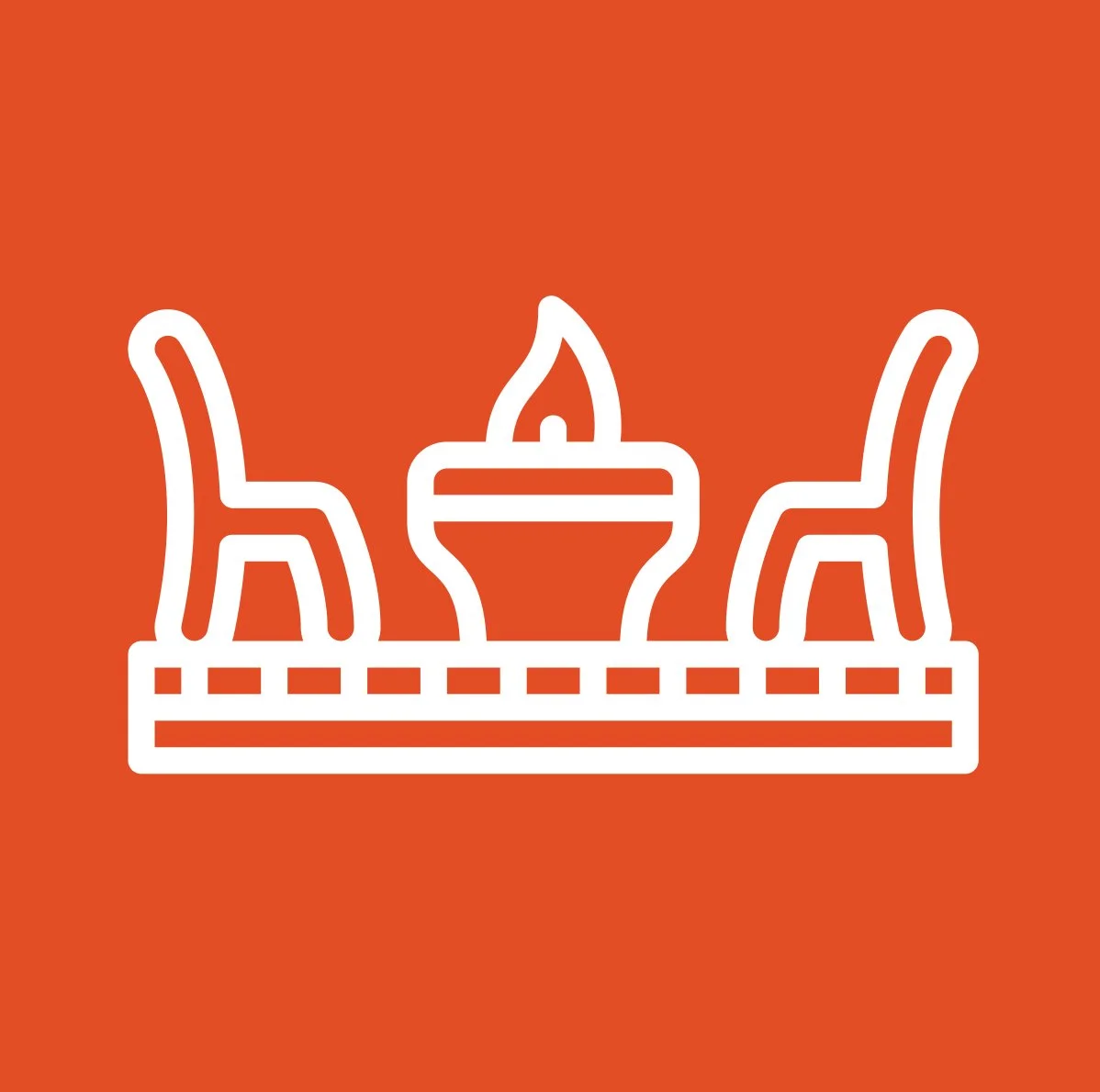 White icon of a car inside a garage on an orange background.