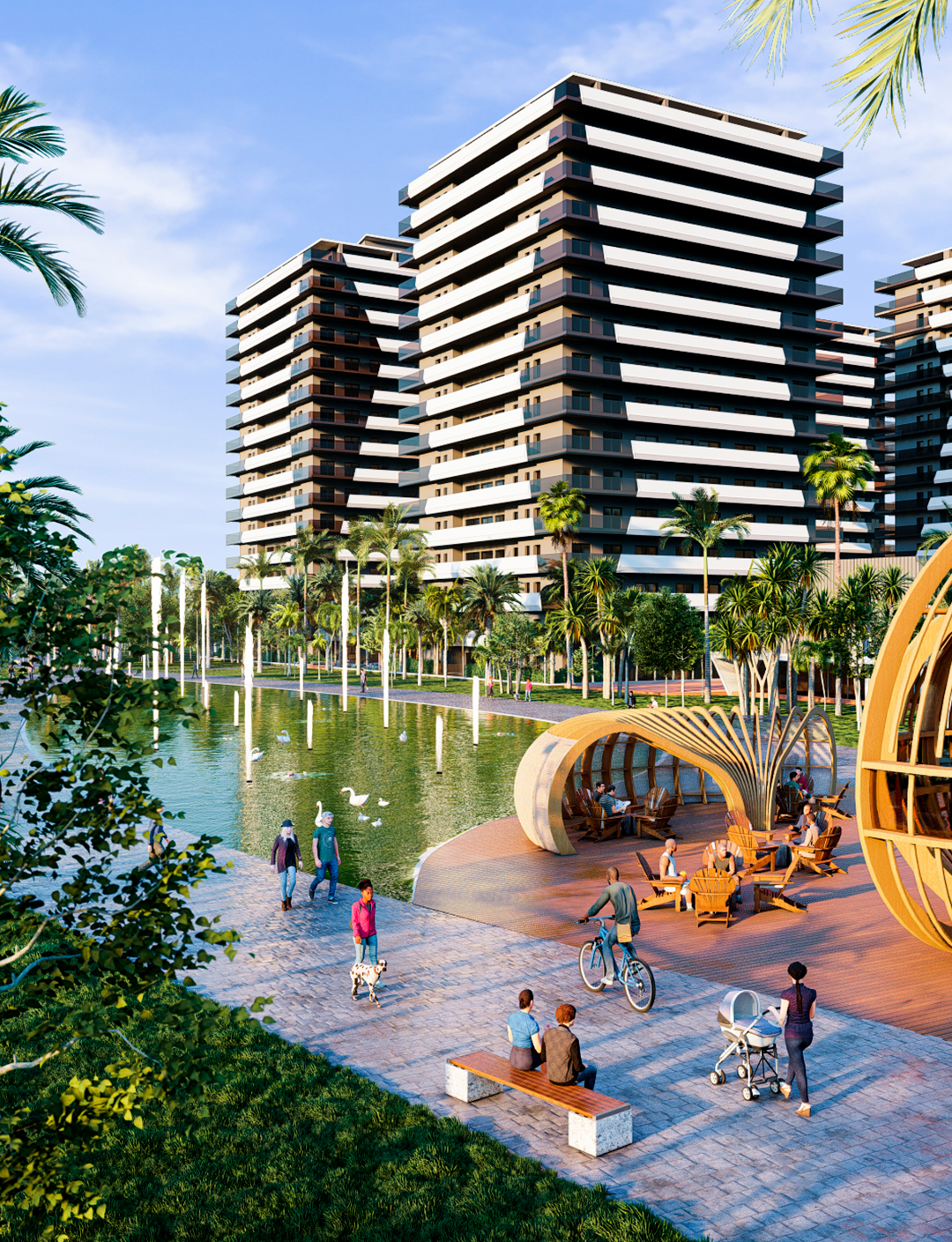 Vue d'un parc urbain avec des bâtiments modernes en arrière-plan, un plan d'eau entouré de verdure, des personnes se promenant, faisant du vélo, assises sur des bancs, et des structures en bois décoratives.