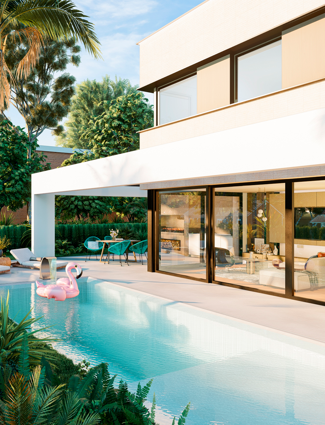 Maison moderne avec piscine, terrasse avec meubles, et bouée flamant rose dans l'eau, entourée de végétation.