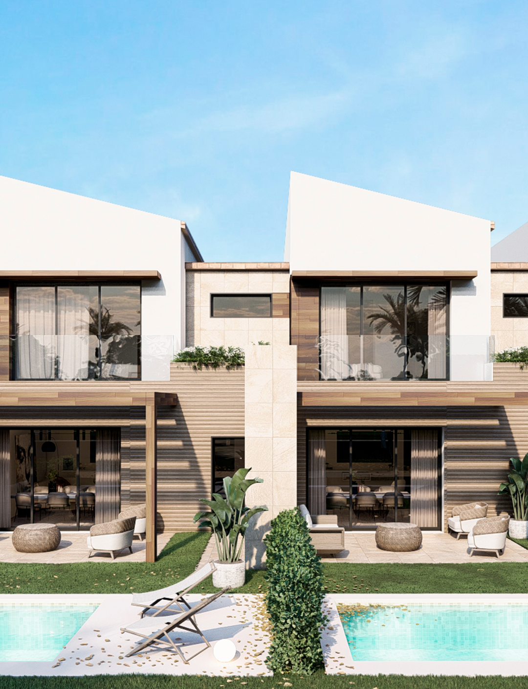 Deux maisons modernes avec terrasses, piscine et jardin.