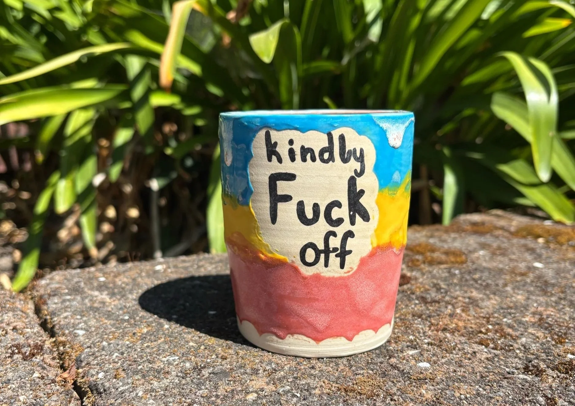 A colorful ceramic mug with a hand-painted rainbow pattern and the text 'kindly F**k off' written on it, placed on a stone surface with green foliage in the background.