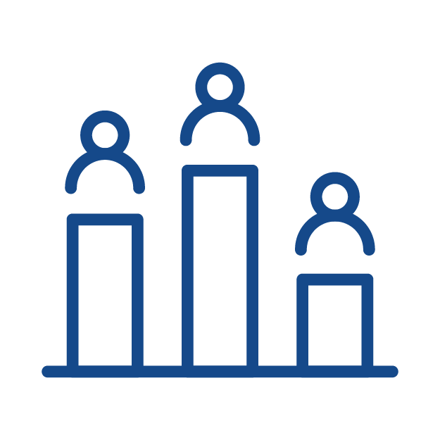 Icon of three abstract human figures standing on different heights of bar chart columns, representing a ranking or comparison.