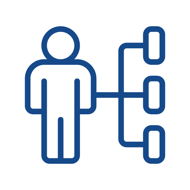 Icon of a person connected to a hierarchical structure with three nodes.