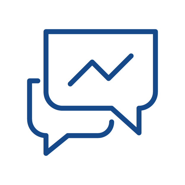 Two overlapping blue speech bubbles with a line graph inside the top bubble.