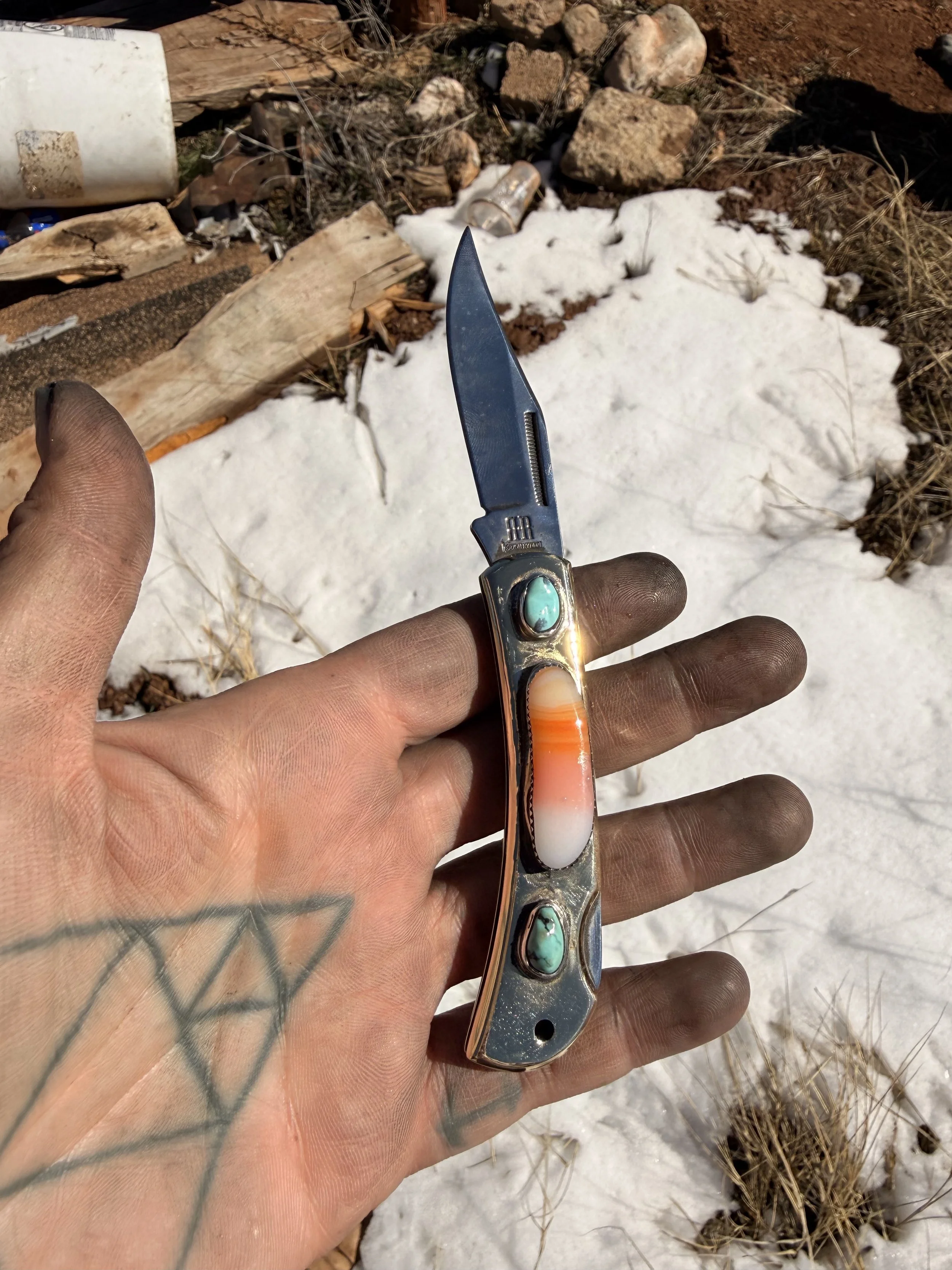 Spiny Oyster and Turquoise Brass Pocketknife
