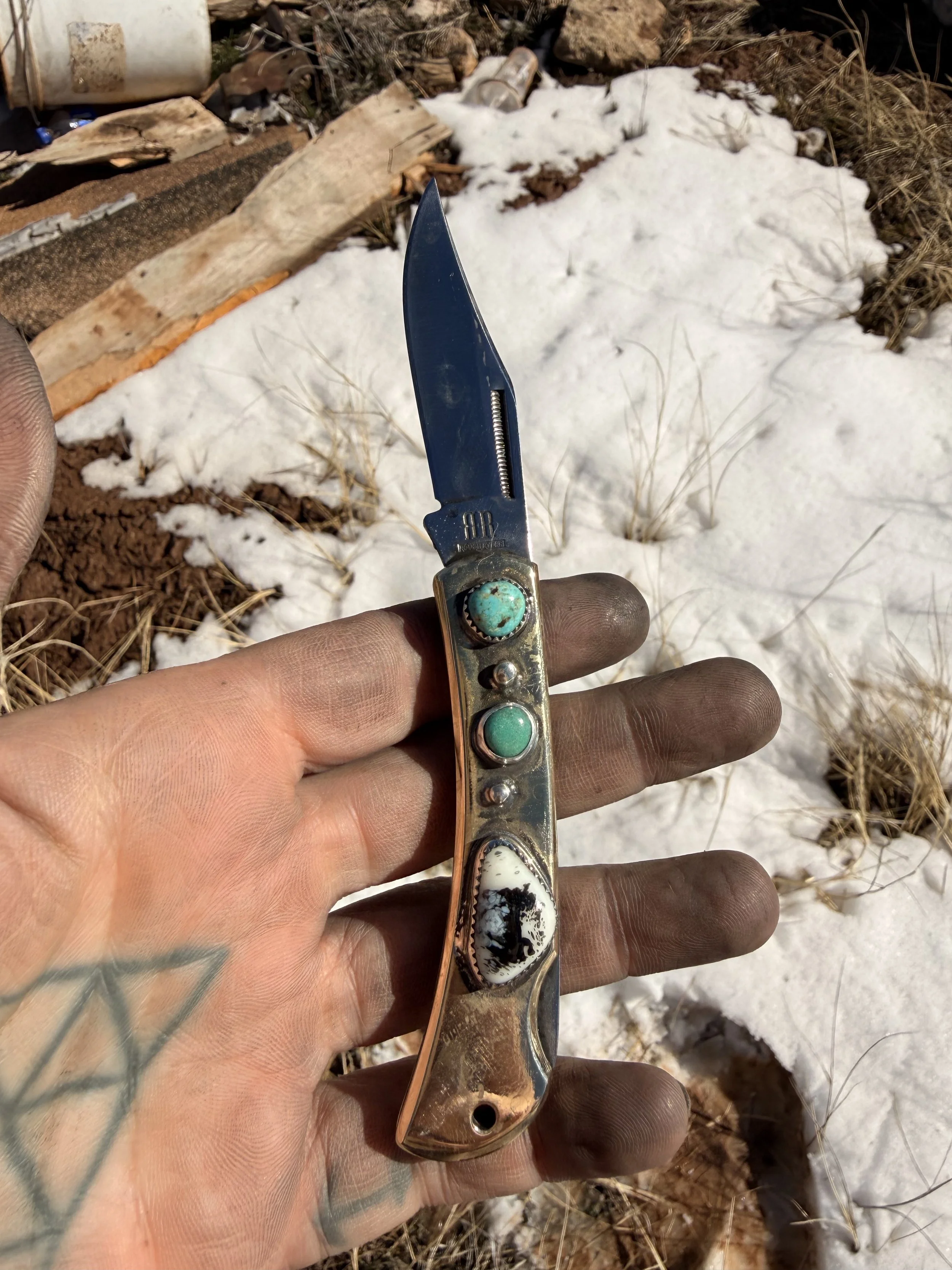 White Buffalo and Turquoise Brass Pocketknife