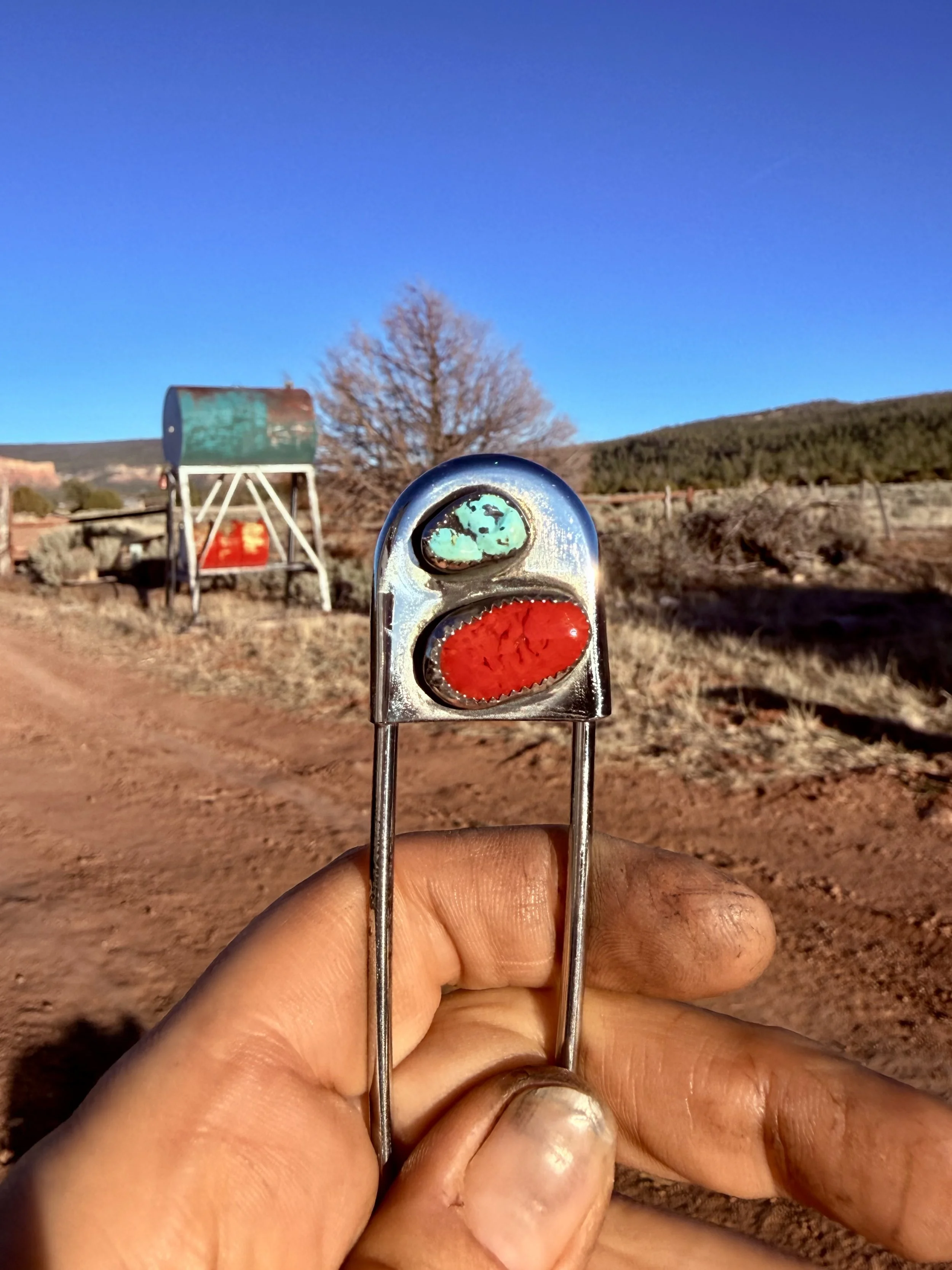 Turquoise and Red Stone Pin