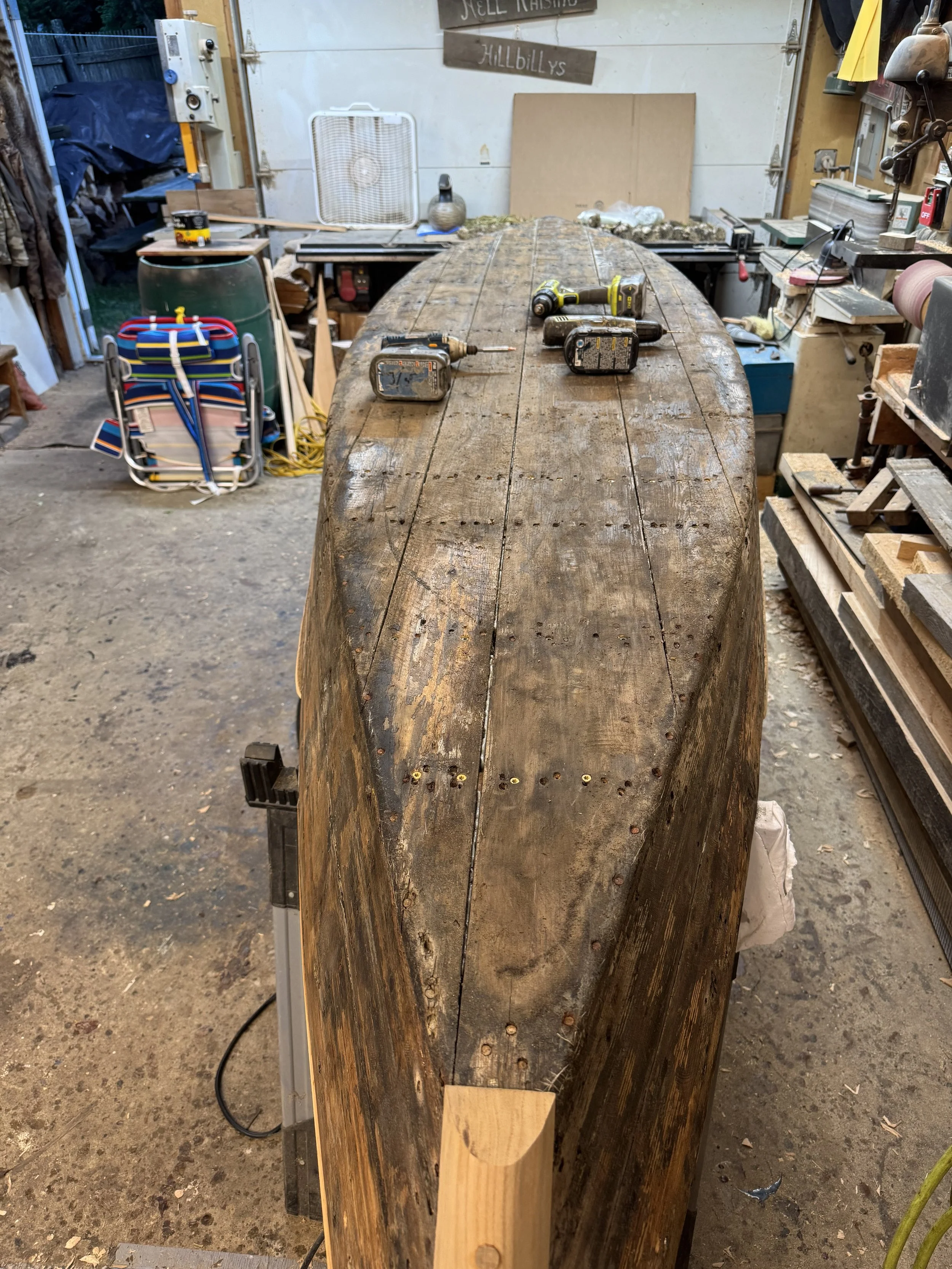 Rail skiff, bottoms up.