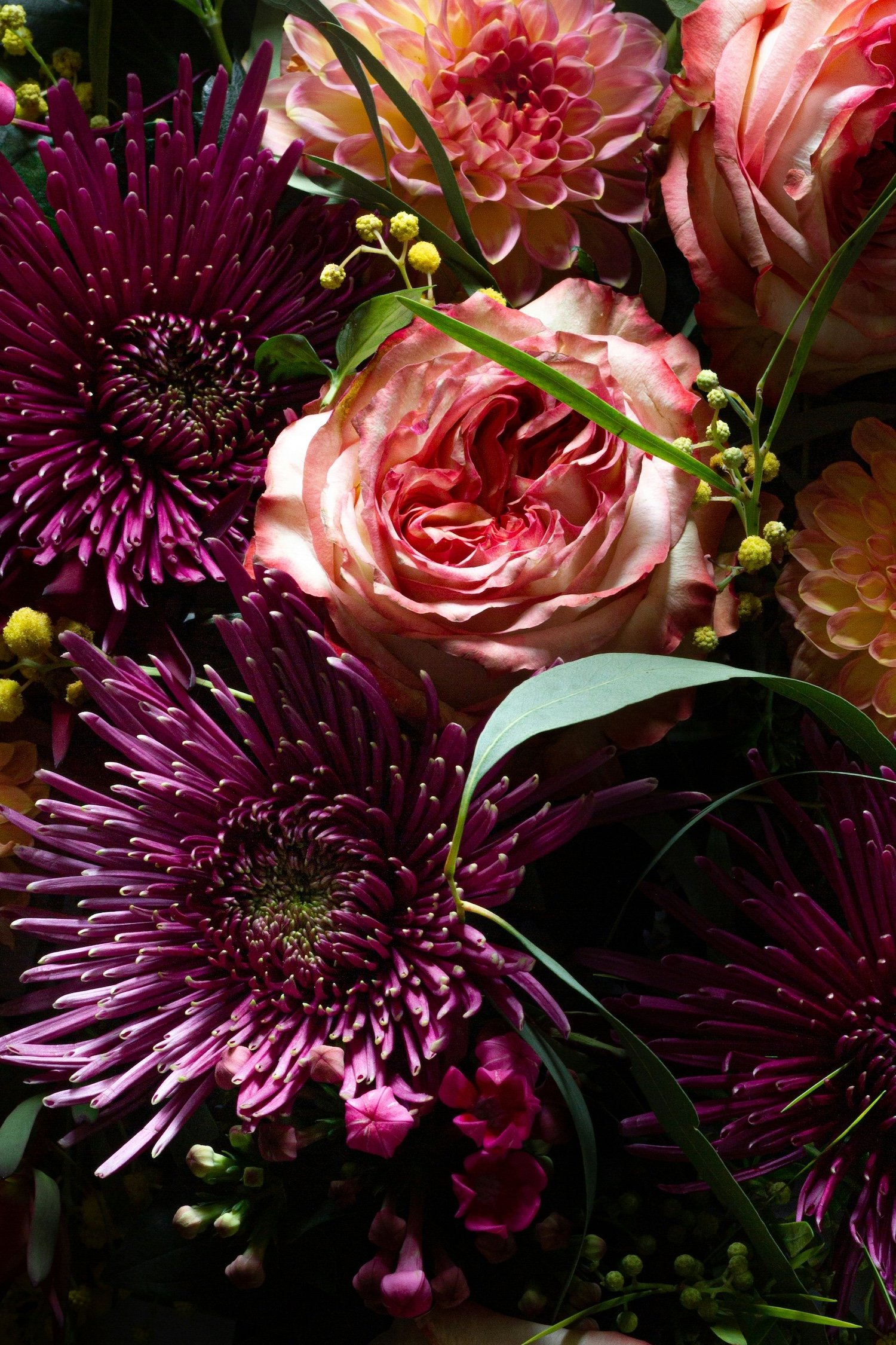 A floral arrangement with pink roses, purple chrysanthemums, pink dahlias, small yellow berries, and green leaves.