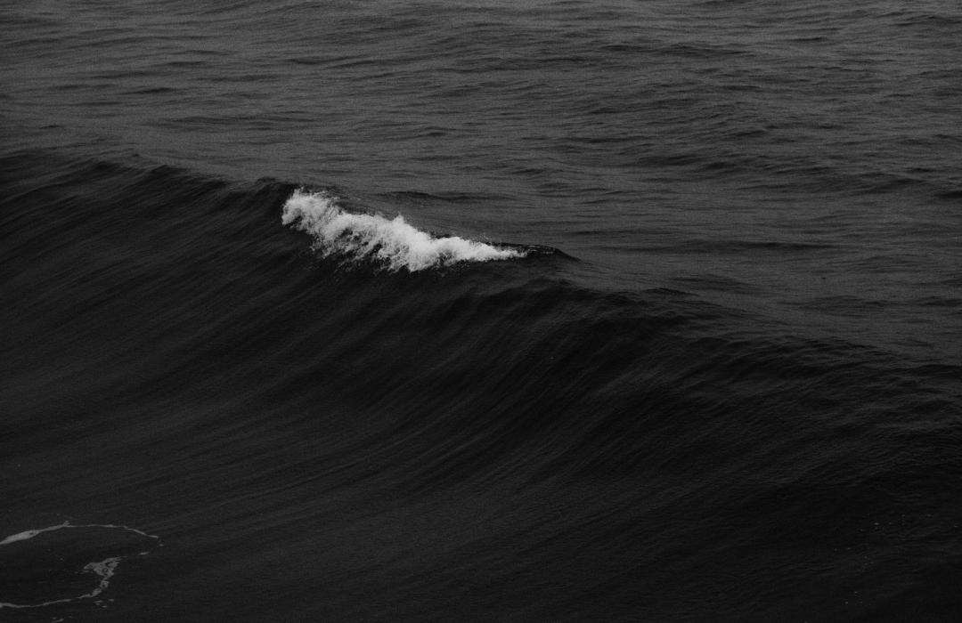 A black and white photo of ocean waves, with one small wave cresting in the water.