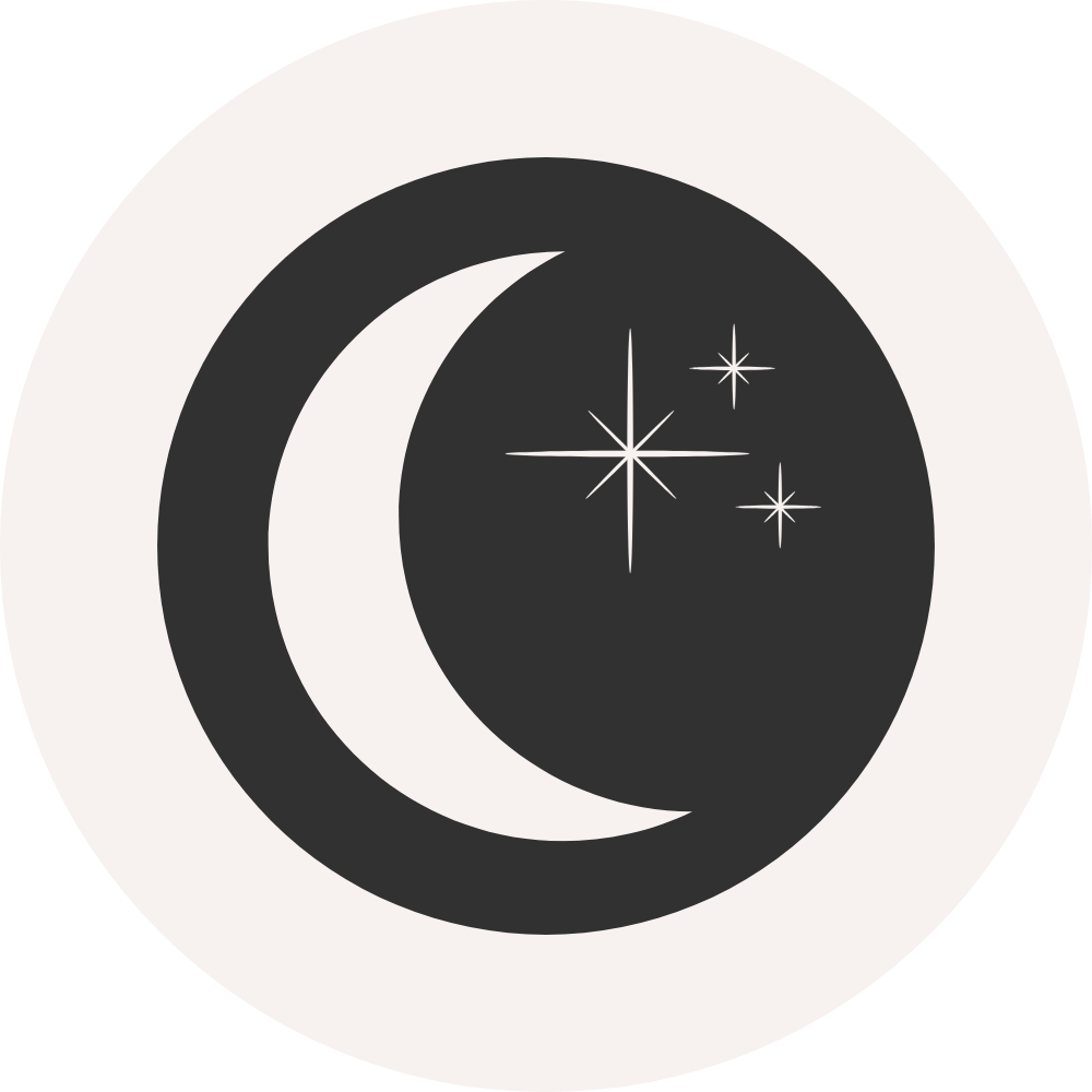 Black circle with a white crescent moon and three stars inside, surrounded by a white ring.