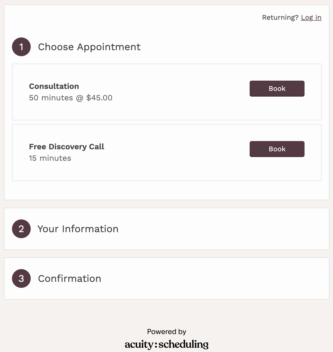 Web interface for scheduling appointments, showing options for consultation and discovery call, with buttons to book each, and sections for user information and confirmation, powered by acuity scheduling.