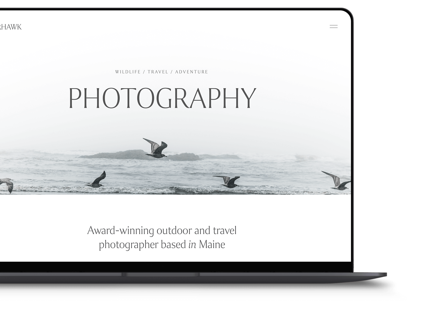 A website homepage for a photography business featuring a black and white ocean scene with seagulls flying over waves, and the text 'PHOTOGRAPHY' and 'Award-winning outdoor and travel photographer based in Maine'.