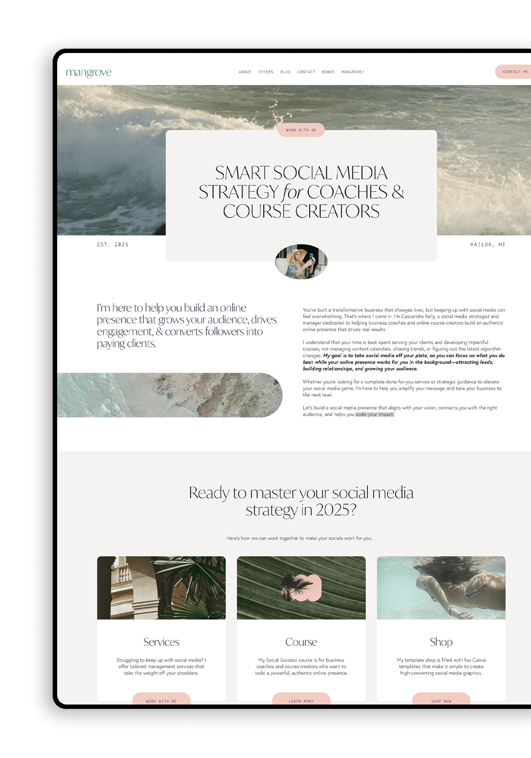 Screenshot of a website homepage titled "Smart Social Media Strategy for Coaches & Course Creators" with a beach and ocean wave background, navigation menu at the top, and sections about services, courses, and shop.