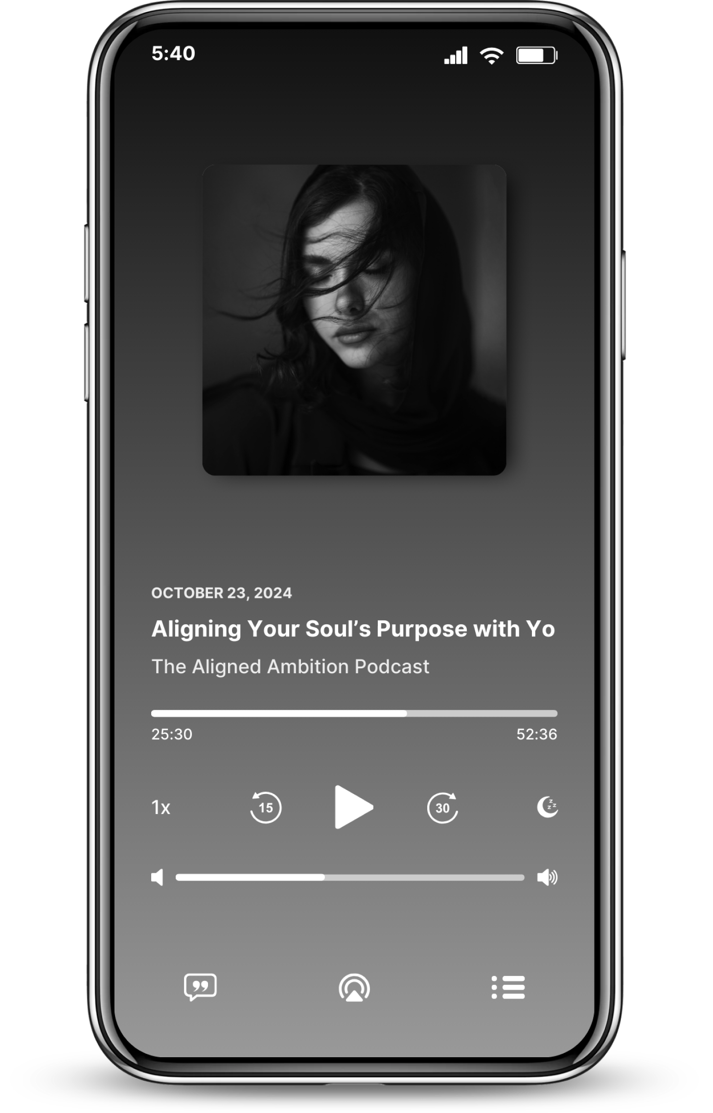 Black and white podcast player screen on a smartphone showing episode titled 'Aligning Your Soul's Purpose with Yo' from The Aligned Ambition Podcast, with a monochrome photo of a woman with closed eyes and hair blowing across her face.