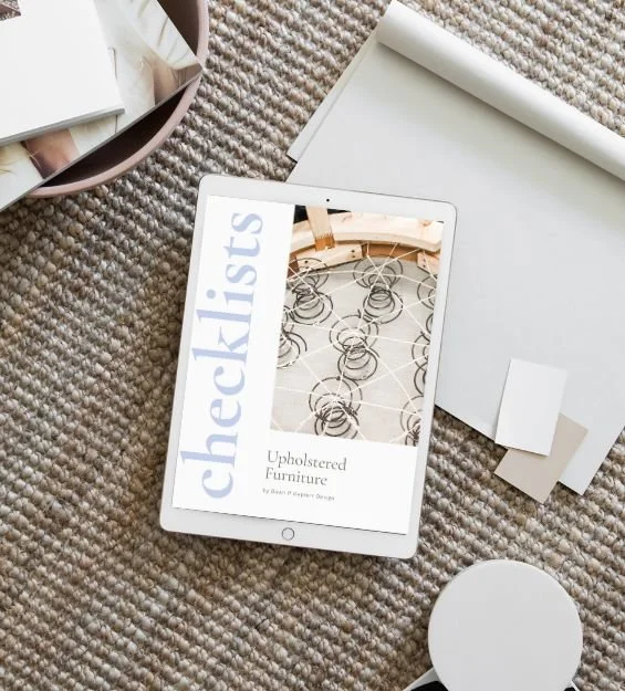 iPad mockup showing the Upholstered Furniture checklist lead magnet by Dawn P. Gepfert Design for design-savvy homeowners.