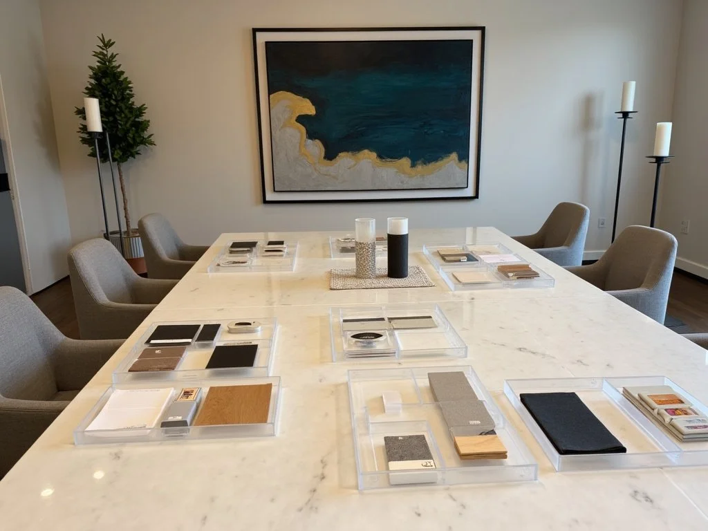 Meeting room with a marble table displaying interior design sample swatches, surrounded by six beige chairs, with a framed abstract painting, a small potted pine tree, and tall candle holders in the background.