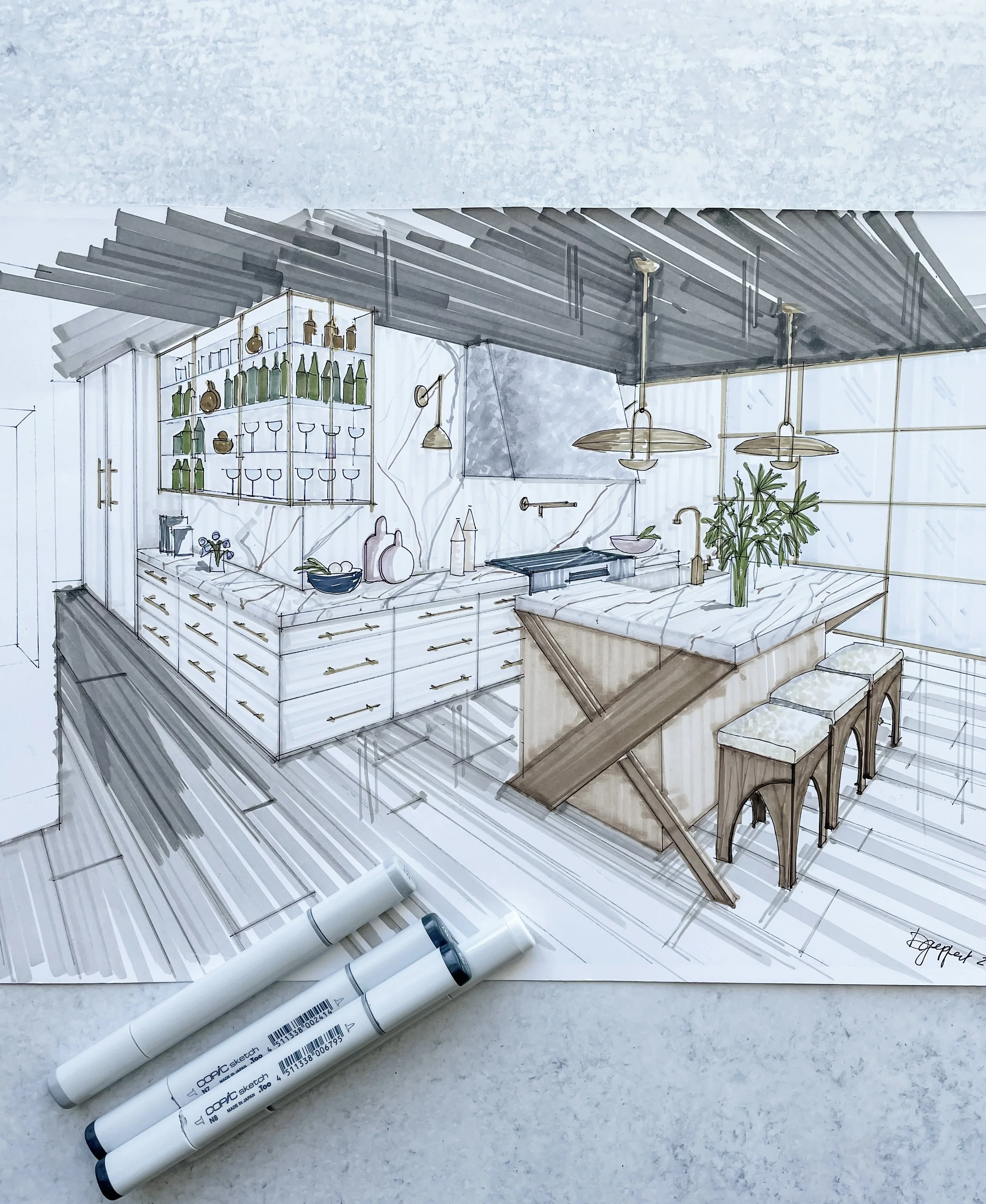 High end kitchen and interior design Fairfield County CT & Charlotte, NC:hand rendering of contemporary kitchen with light wood and marble countertops and brass pendant fixtures