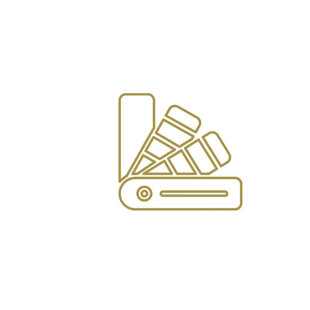 Line drawing of a paint color sample fan deck with color swatches on a paint color fan, and a paint shaker or mixing machine.