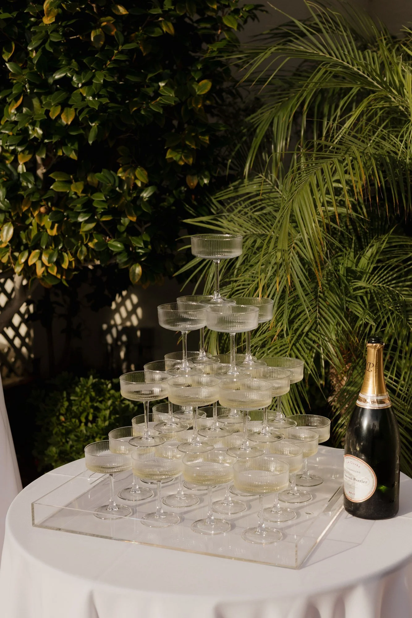 Champagne tower of coupe glasses ready for the pour at Darlington House