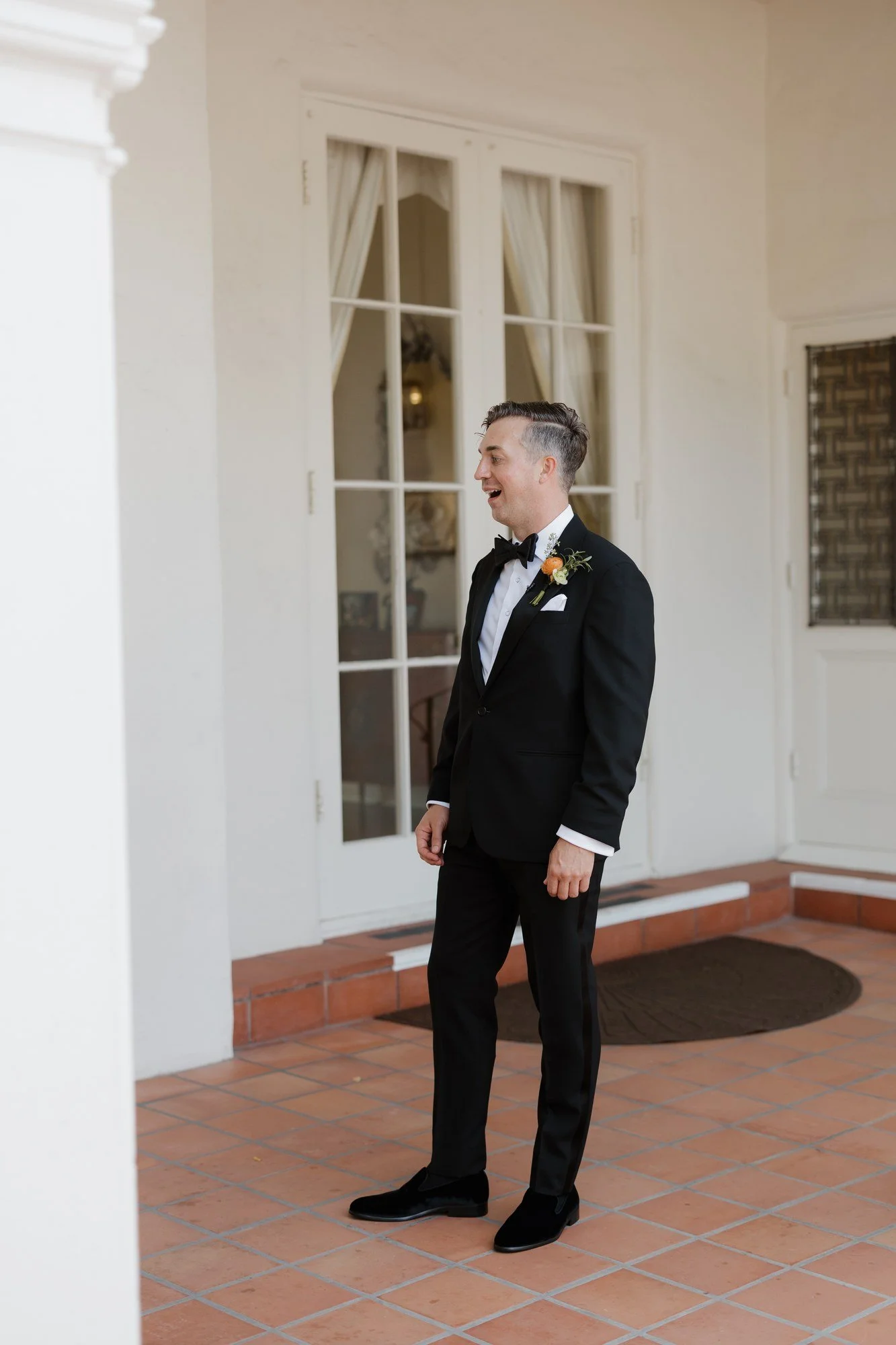 Sean waiting for the first look outside French doors at Darlington House