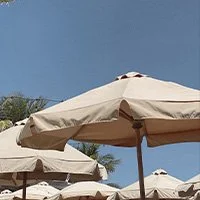 Beach umbrellas open against a clear blue sky.