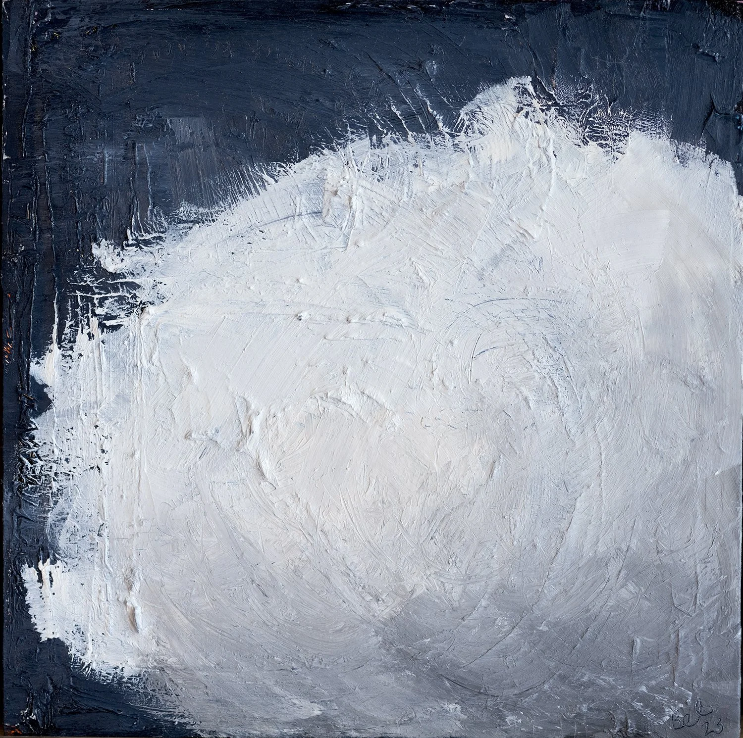 Abstract painting with textured white and black brushstrokes, creating a circular shape with dark edges.