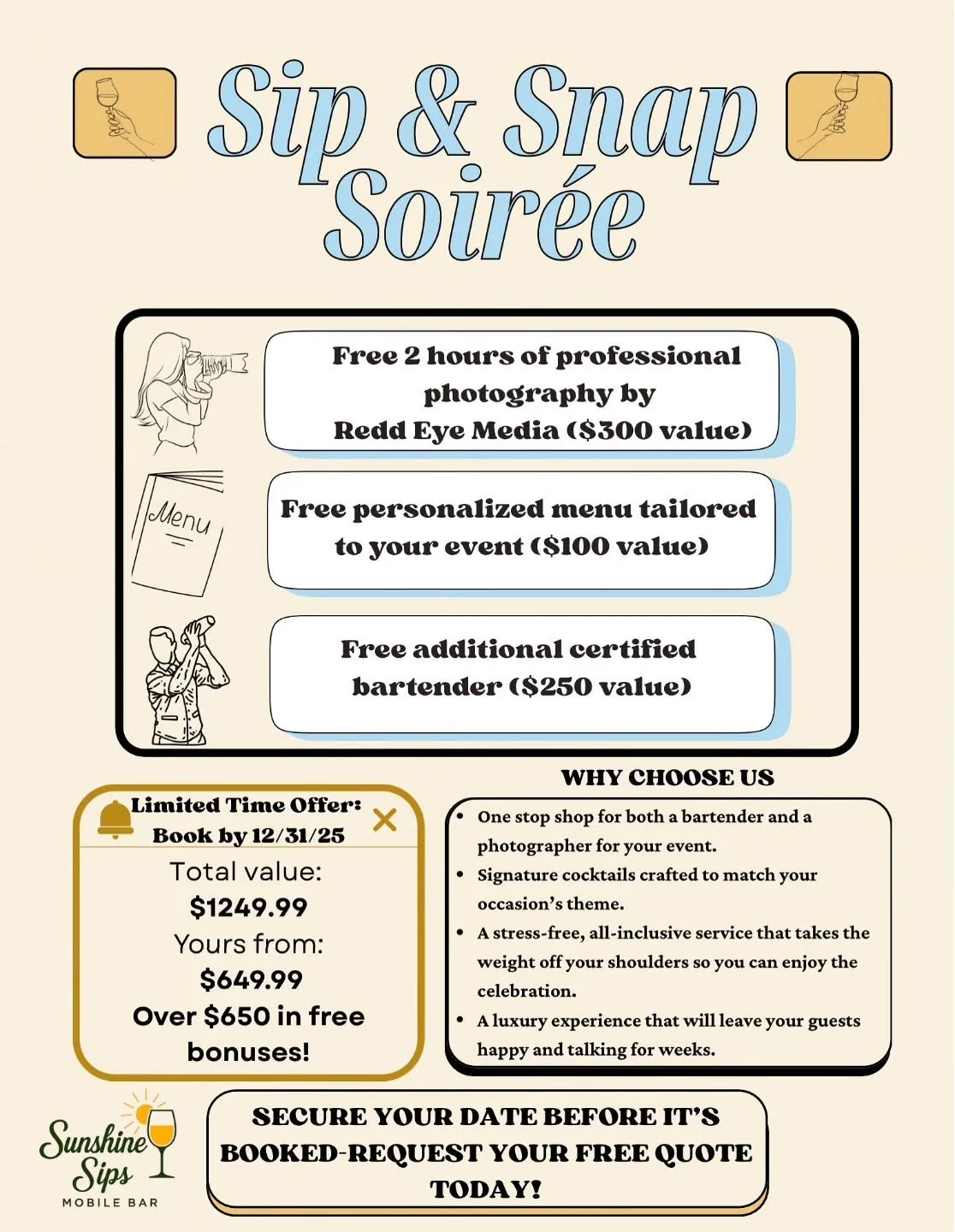 I'm so excited to be teaming up with @sunshinesipsmobilebar to offer this incredible party package for your next event! We're proudly serving the South Jersey / Philadelphia area. The calendar is filling up quickly, so reach out for your spot ASAP 🥳