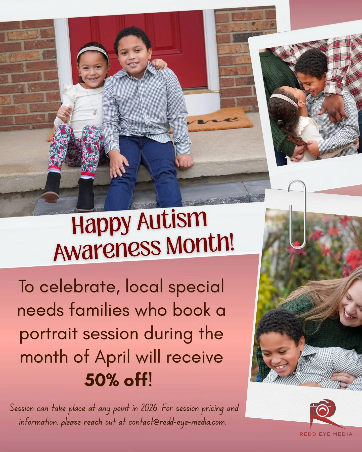Happy Autism Awareness Month 💛

In honor of our amazing son, I am offering a 50% discount on any Portrait session booked during April. The actual session can take place at any point in 2026! 

Send a DM or email at contact@redd-eye-media.com for mor