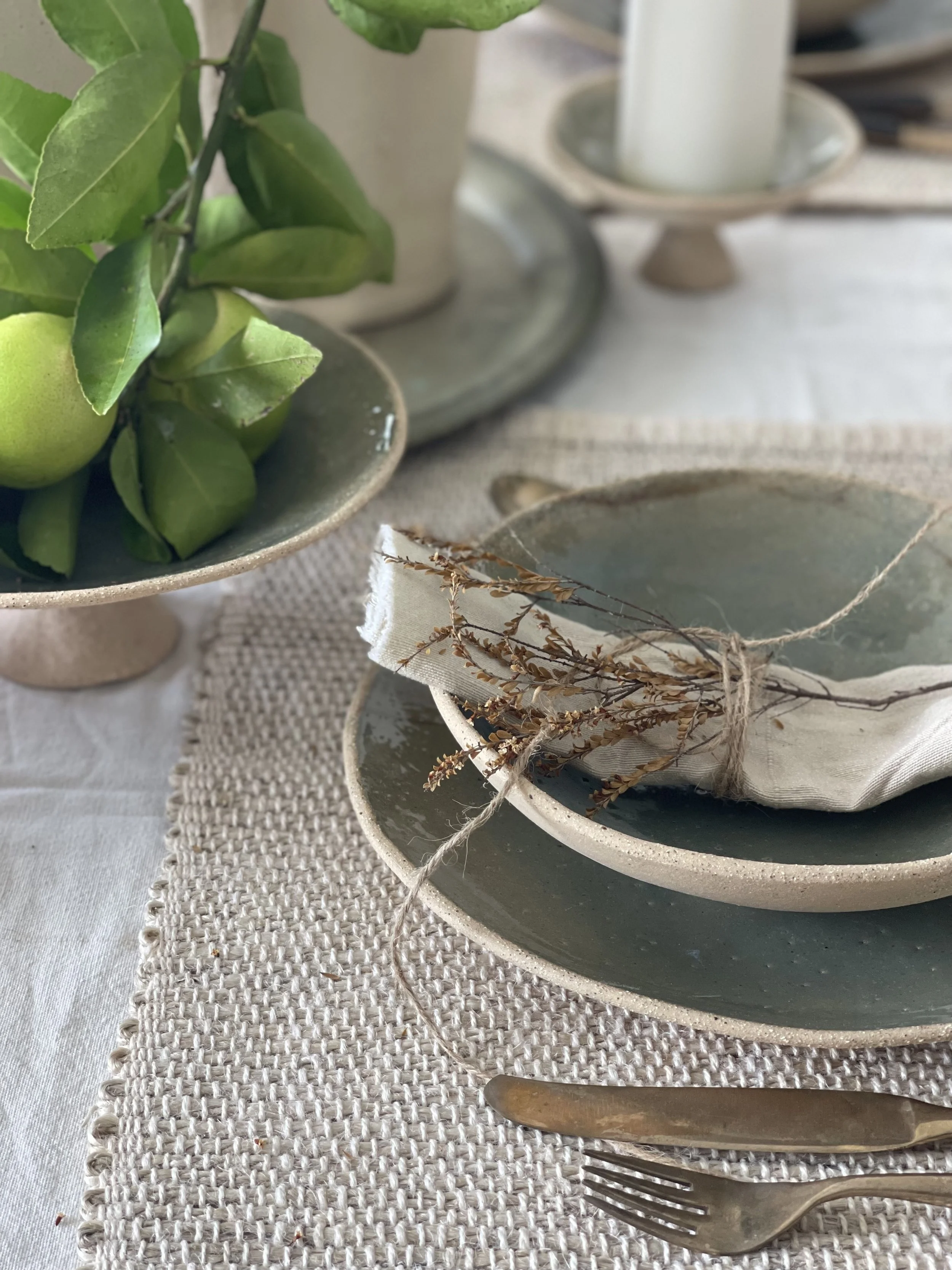 Handmade 26cm Olive Green Ceramic Dinner Plate by Melissa Lellouche with gloss glaze finish.