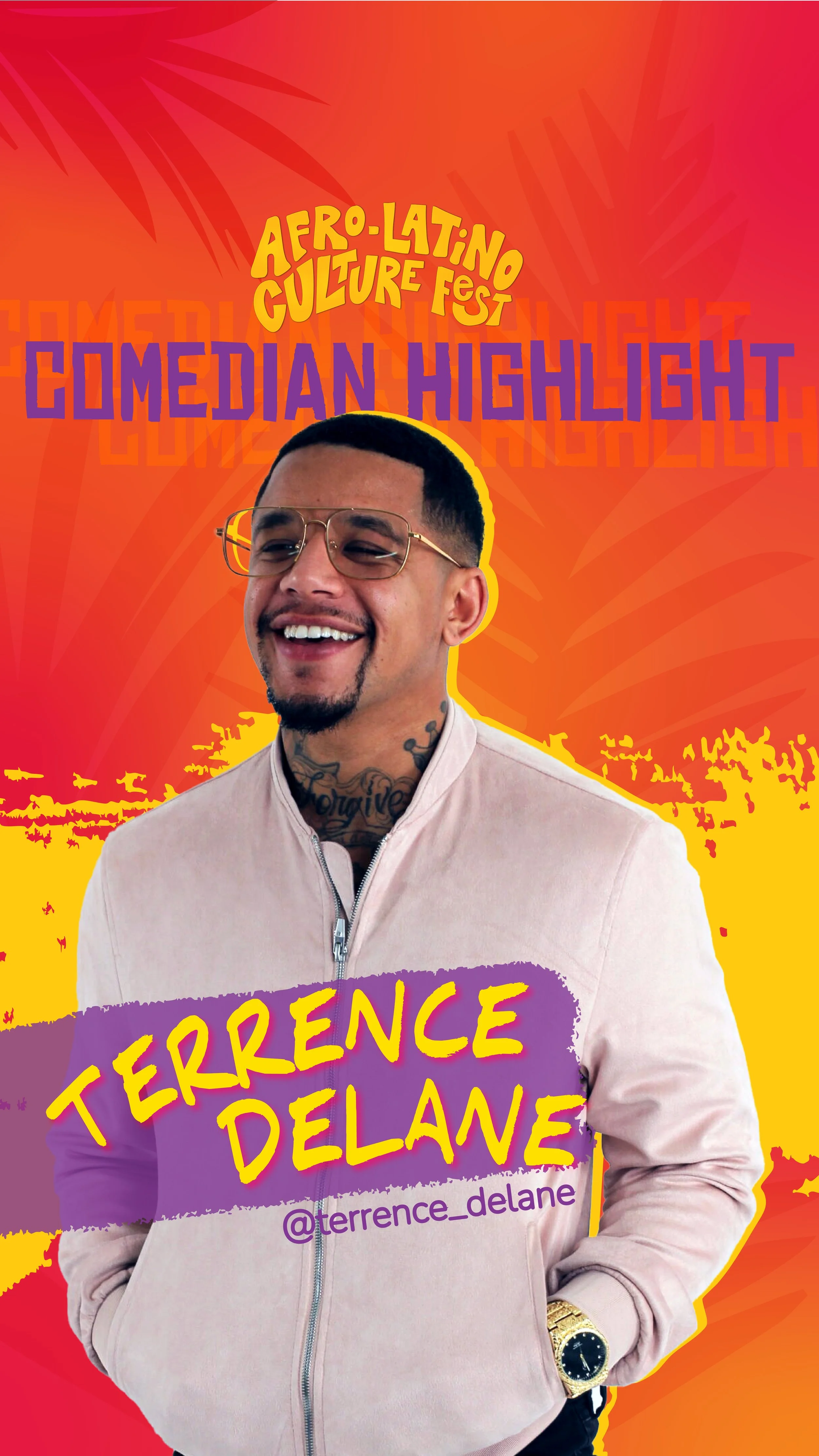 Woman with curly hair, glasses, and hoop earrings smiling at an event. She is wearing a black T-shirt with yellow text that says 'YES! I'SPEAKY SPANISH.' The background features a colorful poster promoting Afro-Latin California.