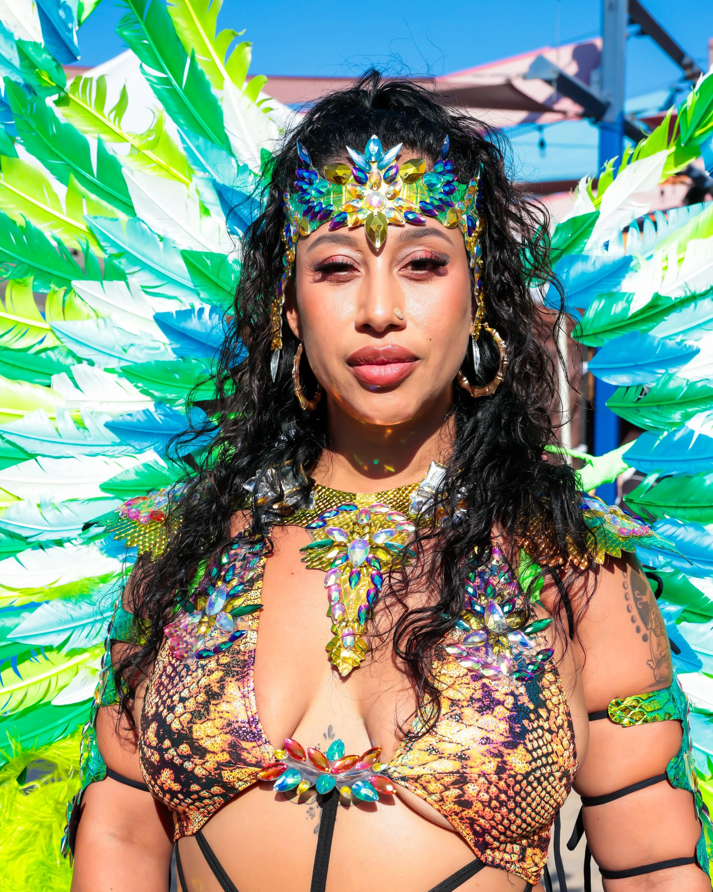 A woman in a colorful carnival costume with large green feathers, a jeweled headpiece, and a vibrant patterned top at Afro-Latino Culture Festival.