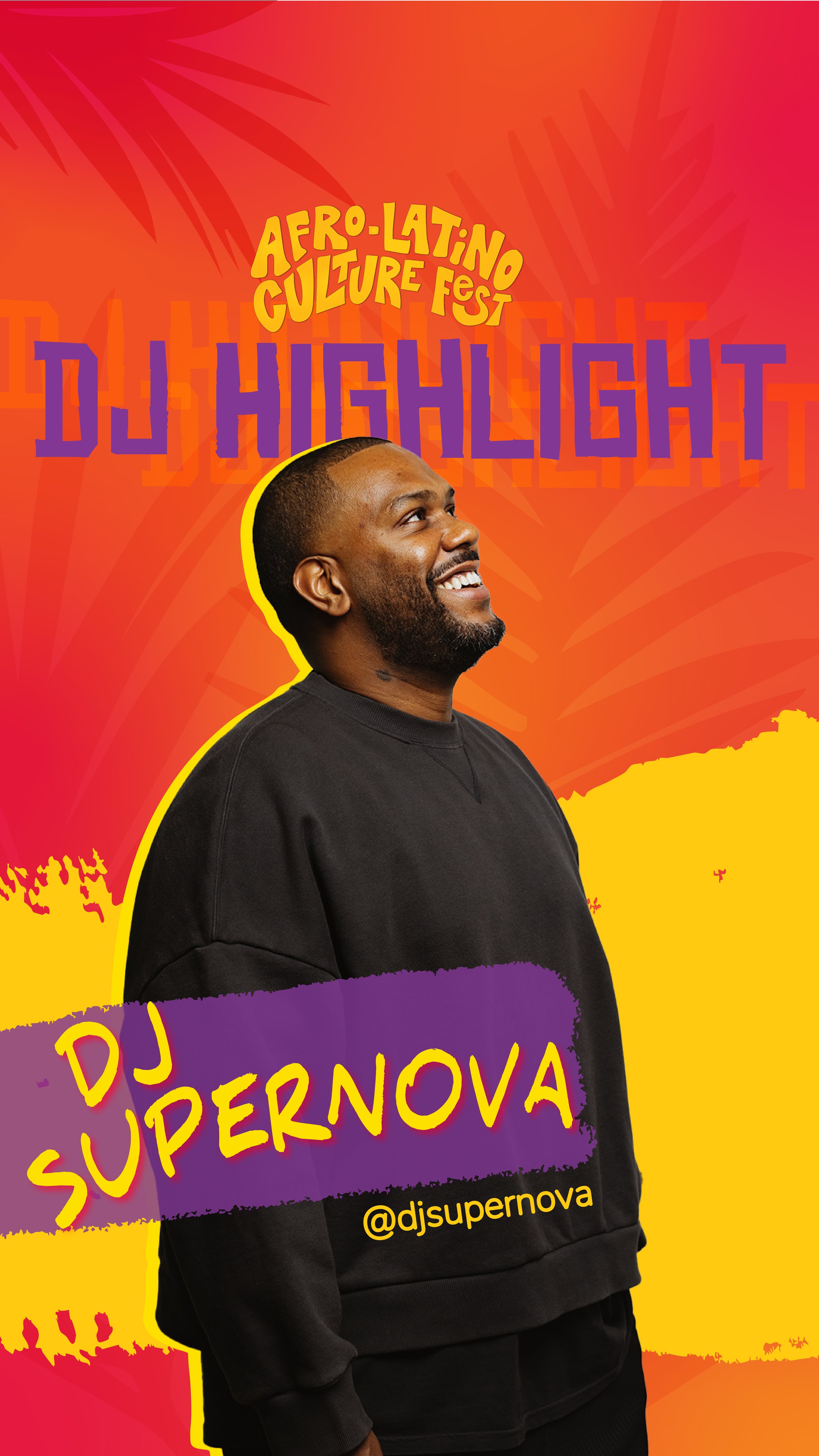 Woman with curly hair, glasses, and hoop earrings smiling at an event. She is wearing a black T-shirt with yellow text that says 'YES! I'SPEAKY SPANISH.' The background features a colorful poster promoting Afro-Latin California.