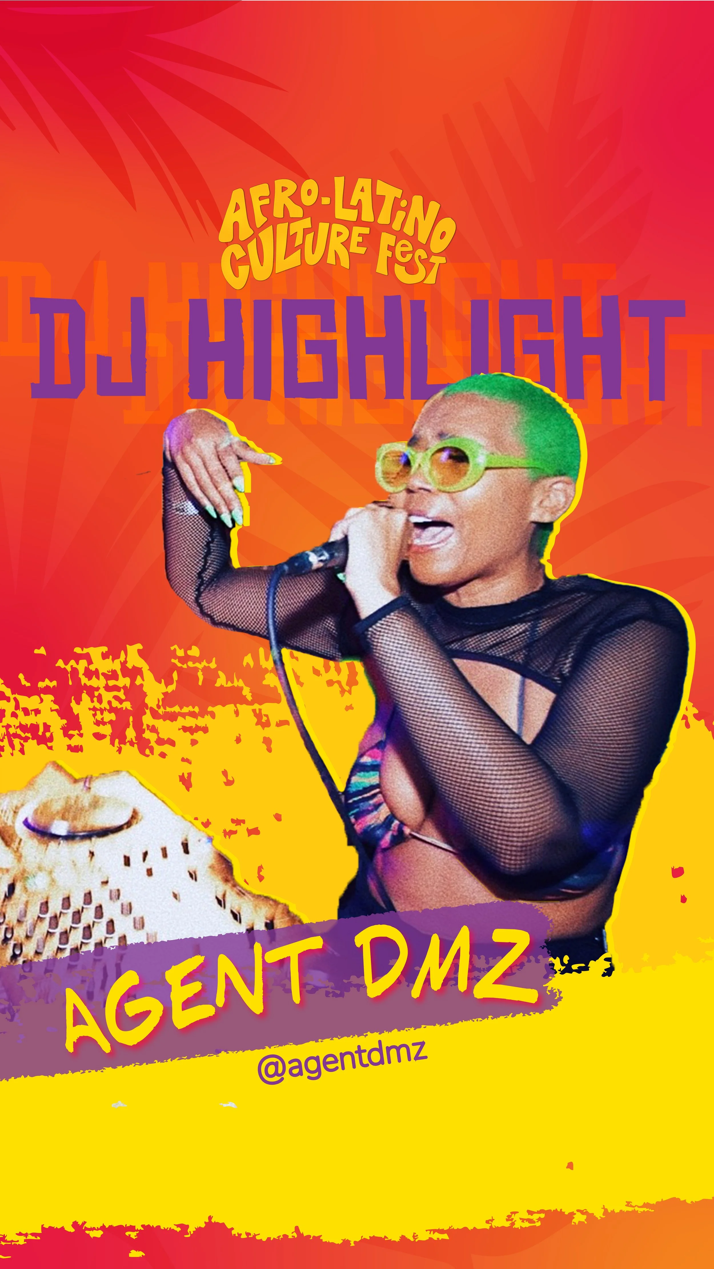 Woman with curly hair, glasses, and hoop earrings smiling at an event. She is wearing a black T-shirt with yellow text that says 'YES! I'SPEAKY SPANISH.' The background features a colorful poster promoting Afro-Latin California.