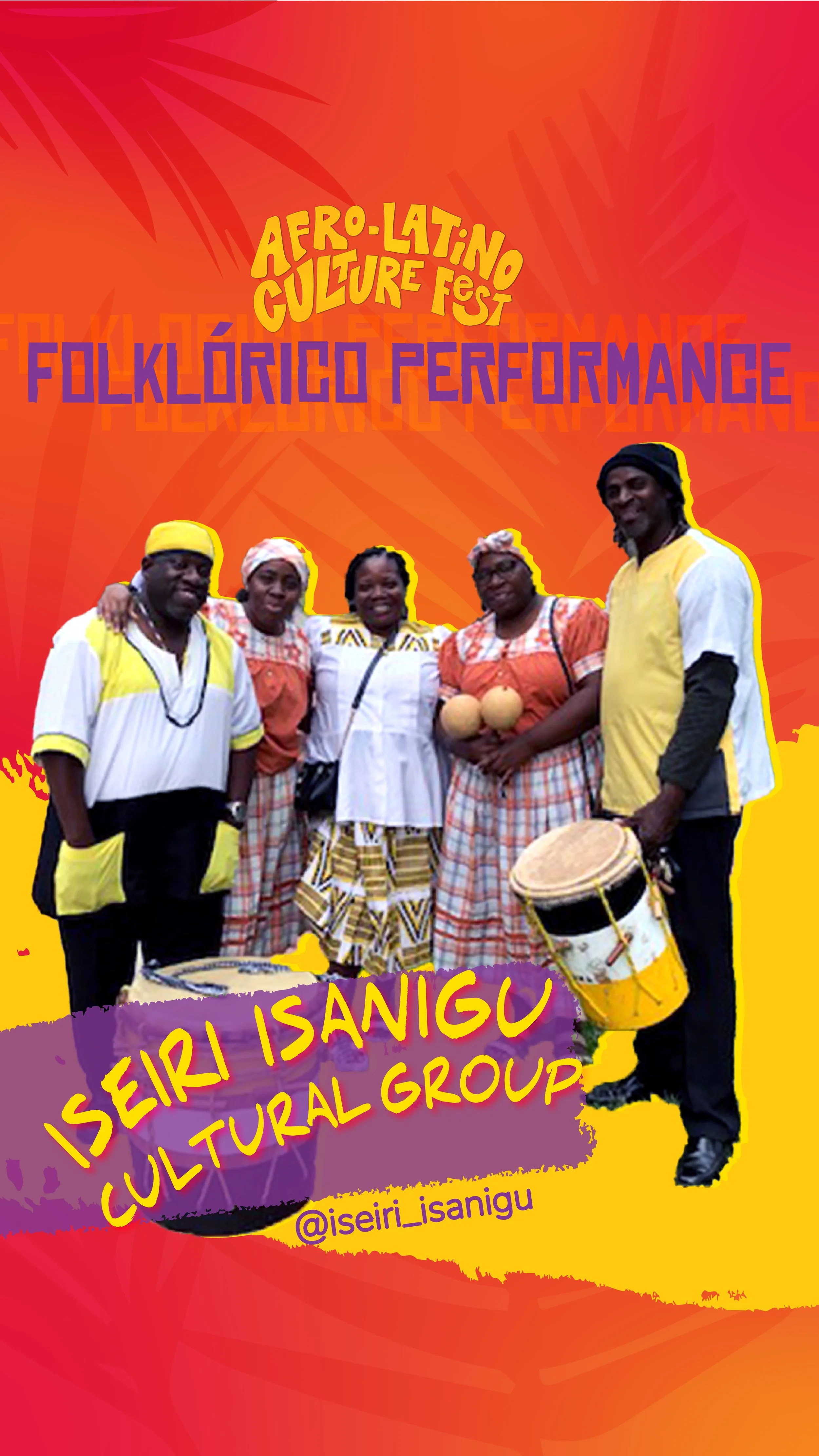 Woman with curly hair, glasses, and hoop earrings smiling at an event. She is wearing a black T-shirt with yellow text that says 'YES! I'SPEAKY SPANISH.' The background features a colorful poster promoting Afro-Latin California.