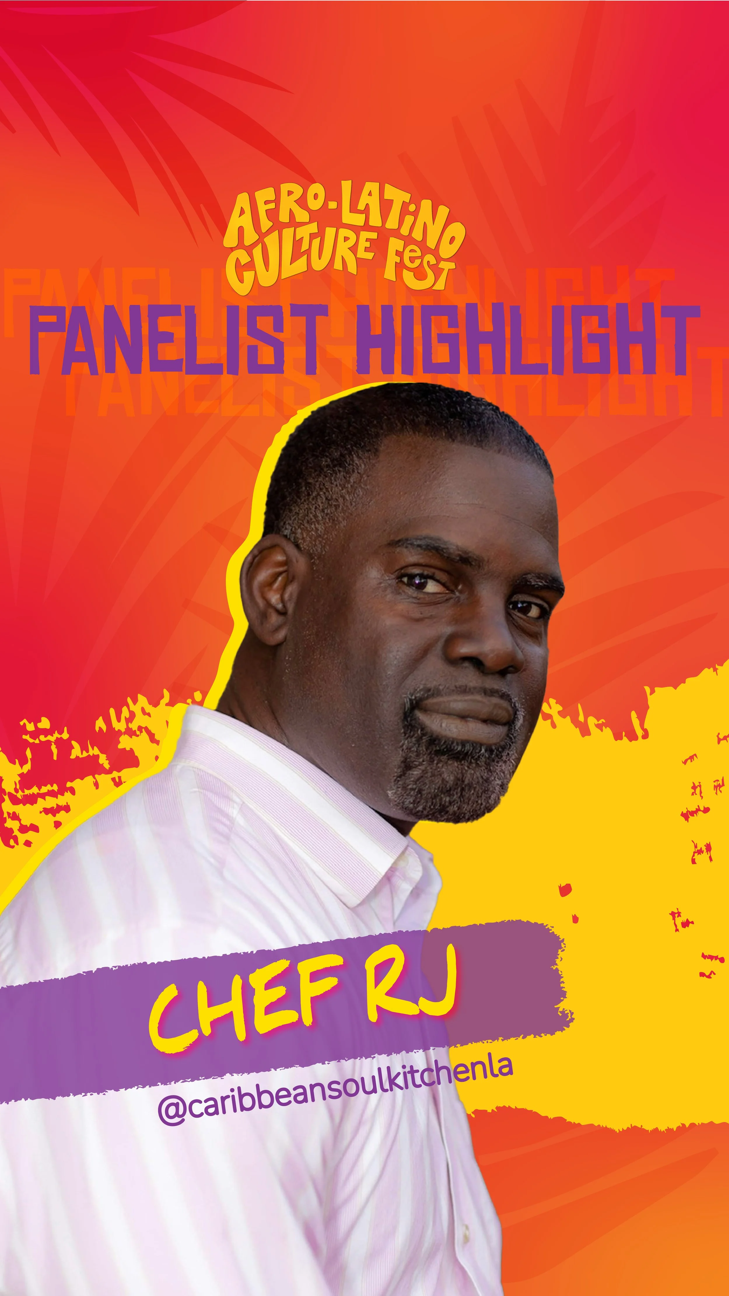 Young woman with braids, red flower in hair, and hoop earrings in front of a red, orange, and purple background with text that reads 'Host Highlight' and 'Inaya Rajay' repeatedly.