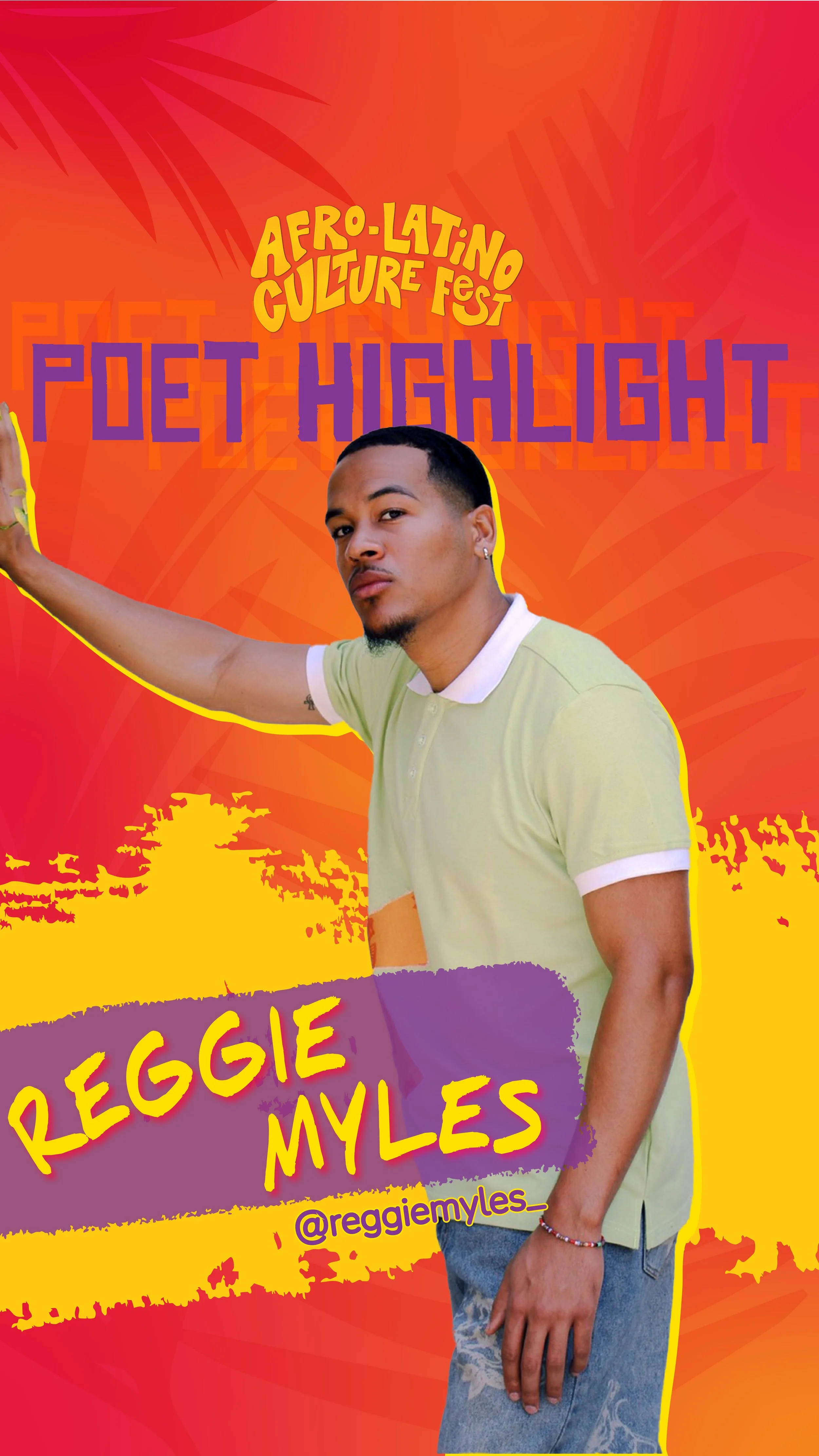 Woman with curly hair, glasses, and hoop earrings smiling at an event. She is wearing a black T-shirt with yellow text that says 'YES! I'SPEAKY SPANISH.' The background features a colorful poster promoting Afro-Latin California.