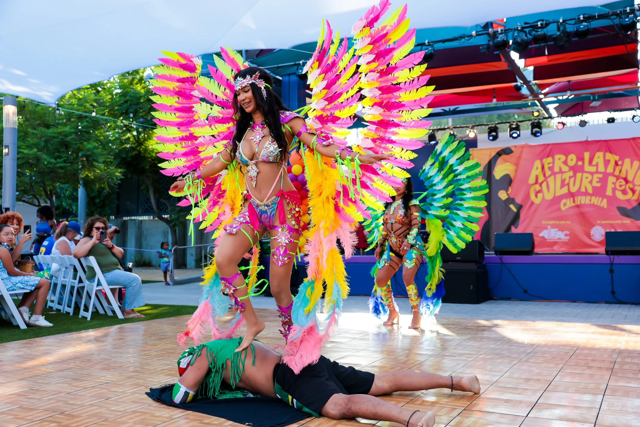 Performers in colorful costumes dancing on stage at the Afro-Latino Culture Festival, with audience seated nearby.