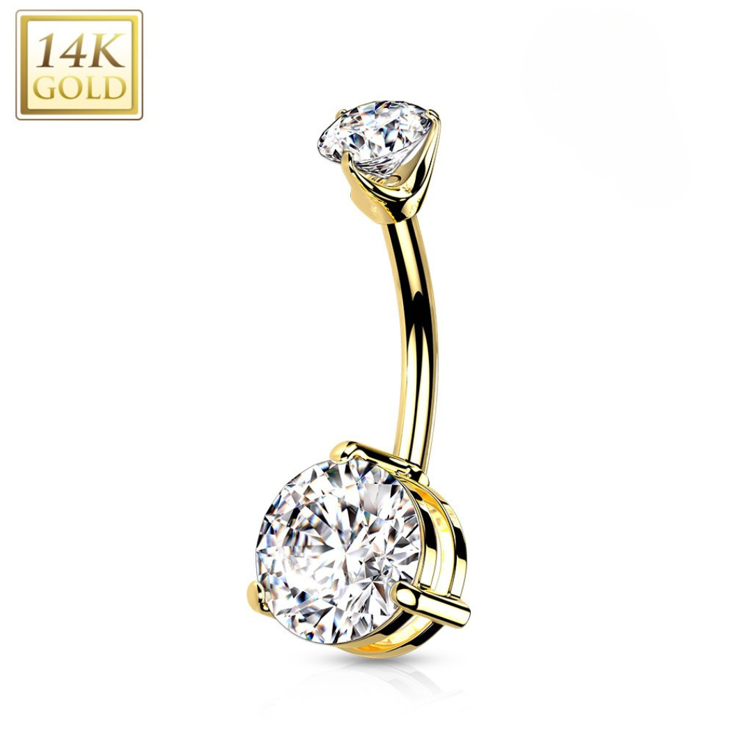 A 14k Gold belly button ring with two large clear gemstones, one at each end, connected by a curved gold bar.