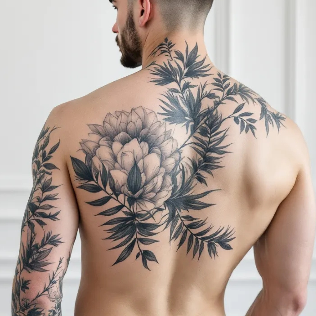 Large black and grey floral back tattoo by professional tattoo artist in Pembroke Pines
