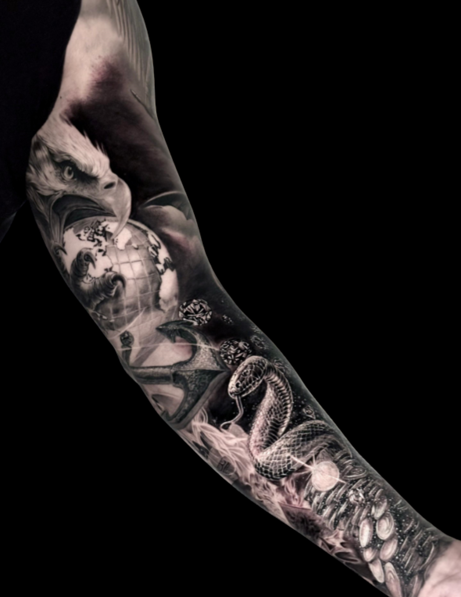Black and grey realism sleeve tattoo with Eagle and Snake