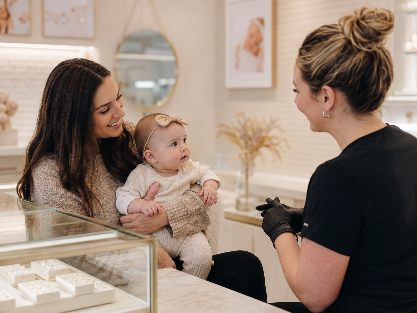 Parent and baby consulting with a professional piercer for safe infant ear piercing at Salvation Beauty Ink near Pembroke Pines.