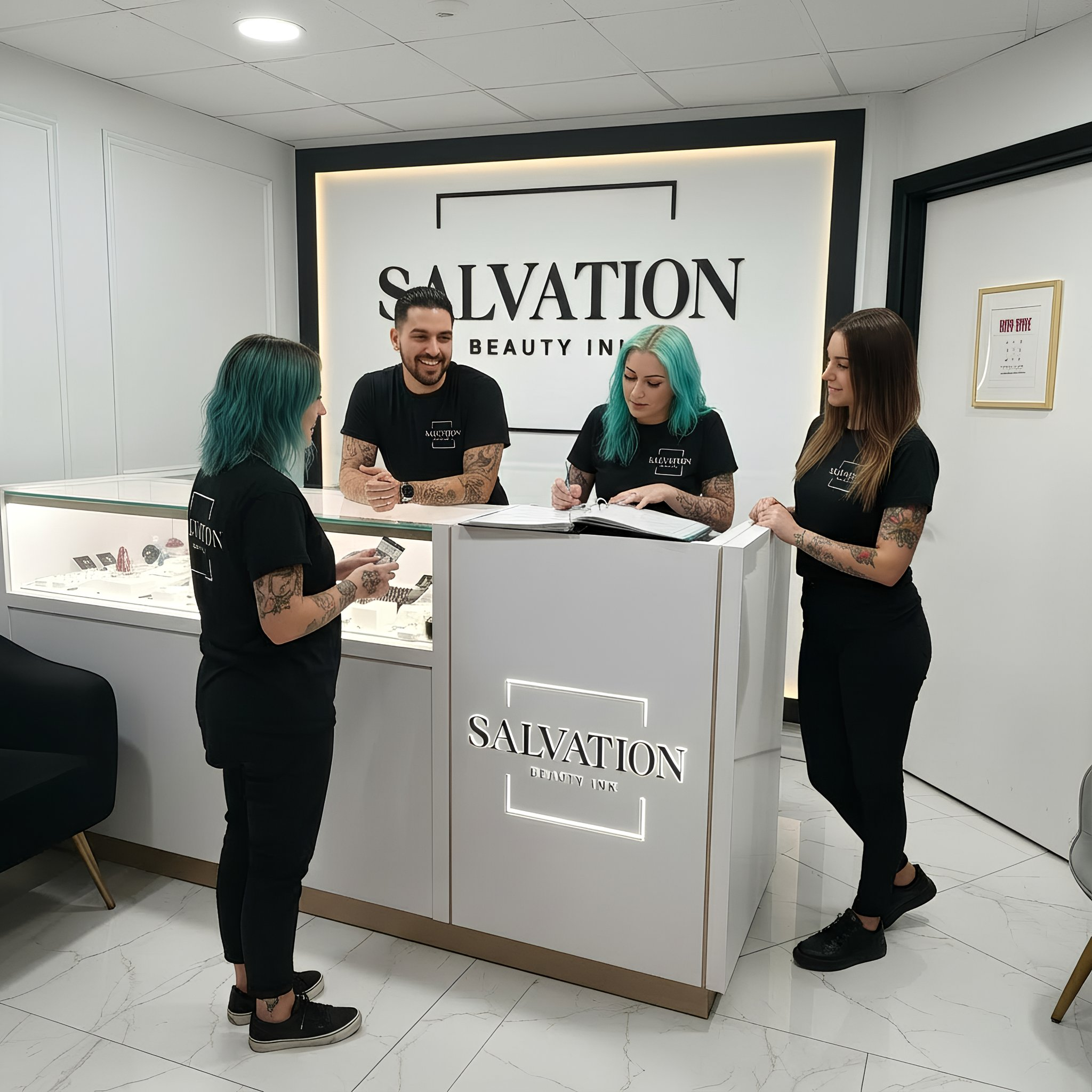 Salvation Beauty Ink team collaborating at the studio front desk, ensuring a professional and welcoming experience for tattoo, piercing, and cosmetic tattoo clients.