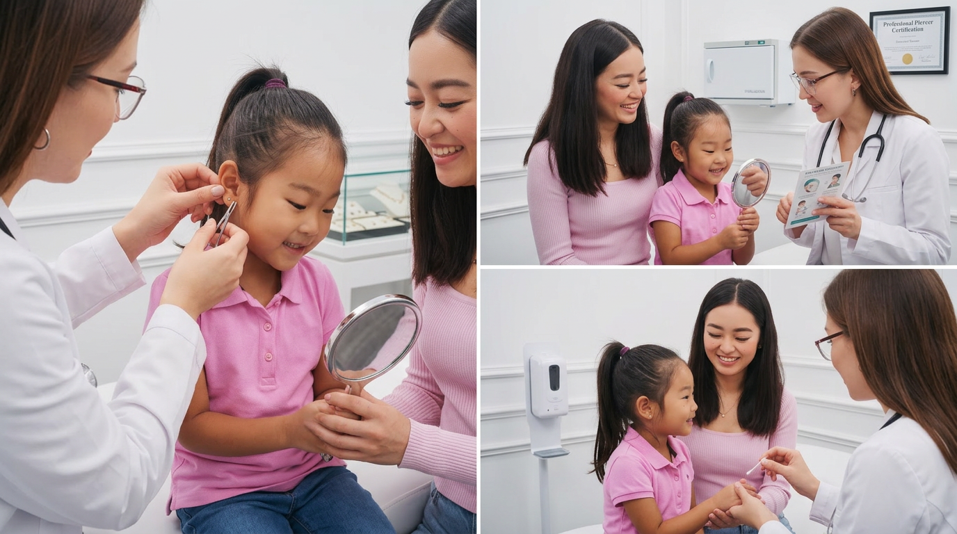 Child ear piercing process with parent and professional piercer in clean safe studio